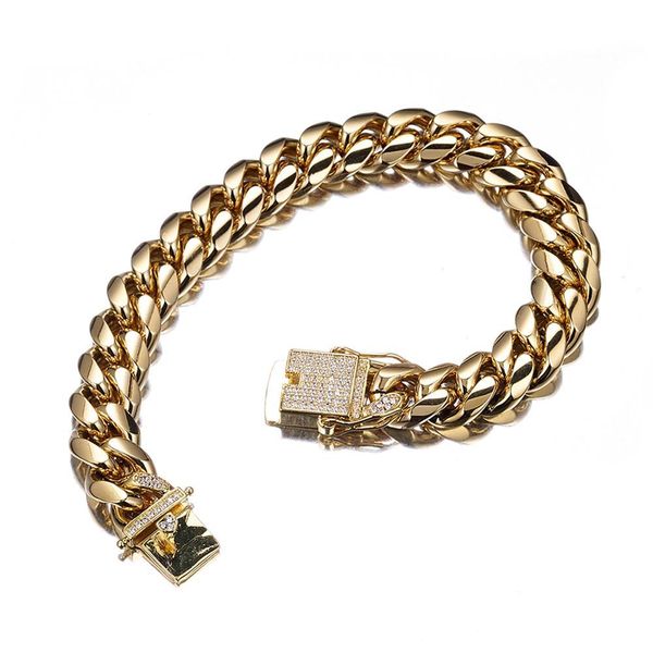 

bangle miami cuban link curb chain bracelet for women mens bangls gold color stainless steel luxury crystal wristband chains jewelry, Black