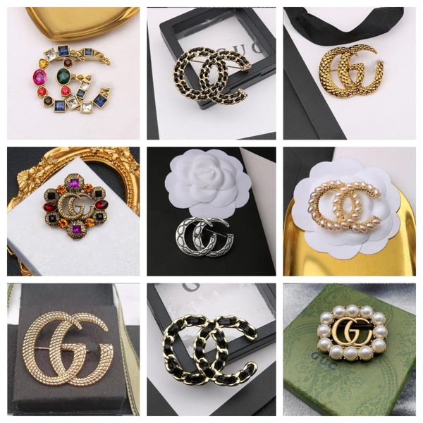 

elegant gold plated brand designer letters brooch fashion famous women alloy letter pearl crystal rhinestone suit pin jewelry accessories gi, Gray