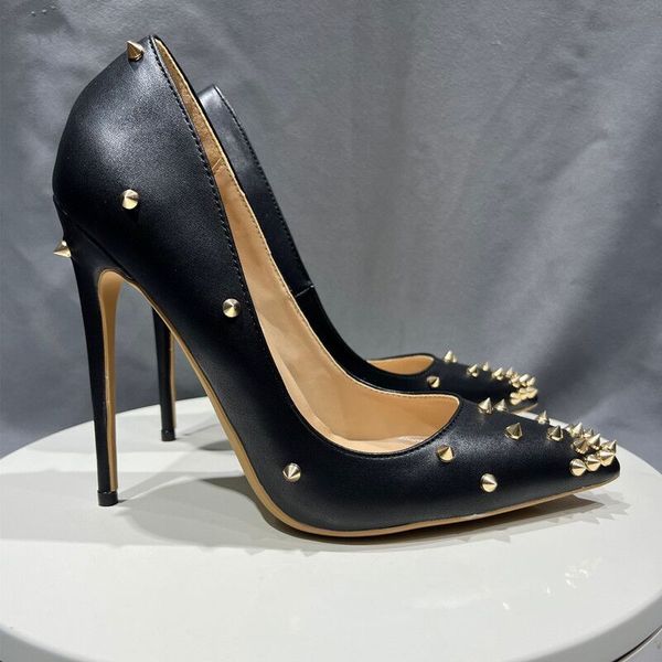 

spike rivets pointed toe party wedding shoes high heels 10cm shallow mouth single all seasons shoes woman big size 35-45, Black
