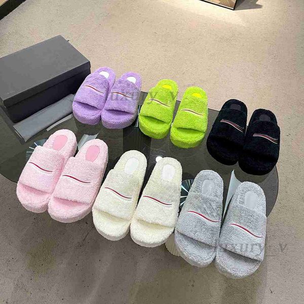 

designer women slippers furry slide sandal wool platform slippers winter fluffy furry scuffs warm letters sandals fuzzy flip flops, Black