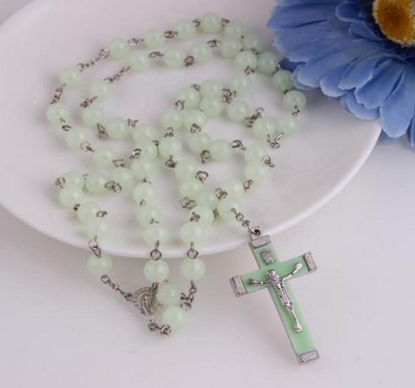 

light blue glow in dark plastic rosary beads luminous noctilucent necklace fashion religious jewelry party gift ps09958325865, Silver