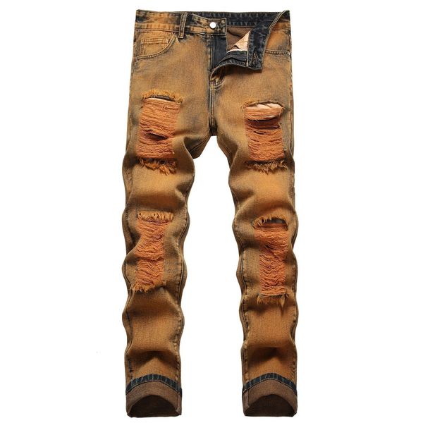 

men's jeans retro trend ripped straight slim stretch distressed cowboys trousers high street personality male beggar denim pants 230625, Blue