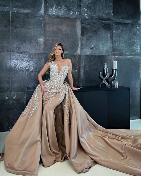 

stylish mermaid prom dresses sleeveless v neck appliques sequins beaded floor length 3d lace detachable train satin evening dress bridal gow, Black