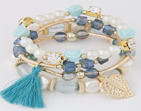 

fashion jewelry women039s handmade multilayer bracelets flowers crystal beads pearls charms tassels bracelet s1804385403, Black