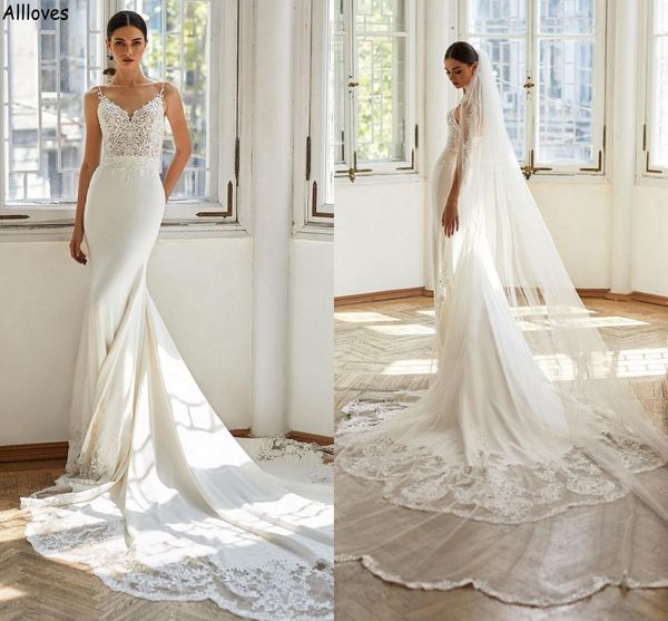 

chic scalloped lace edged slim mermaid weddding dresses sleeveless spaghetti straps elegant bridal gowns satin summer beach boho court train, White