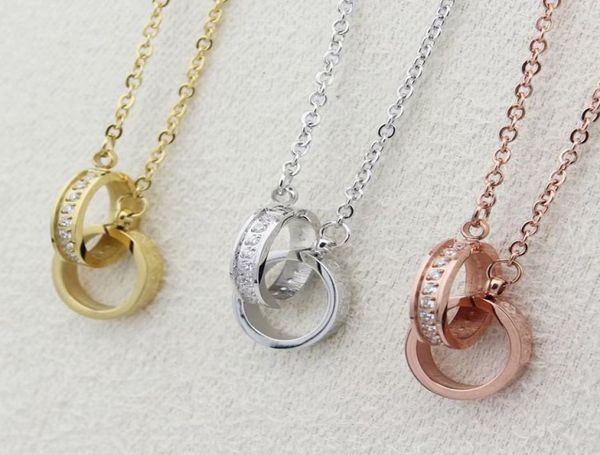 

new arrive fashion lady titanium steel 18k plated gold necklaces with double circle diamond love screw pendant 3 color2083977, Silver