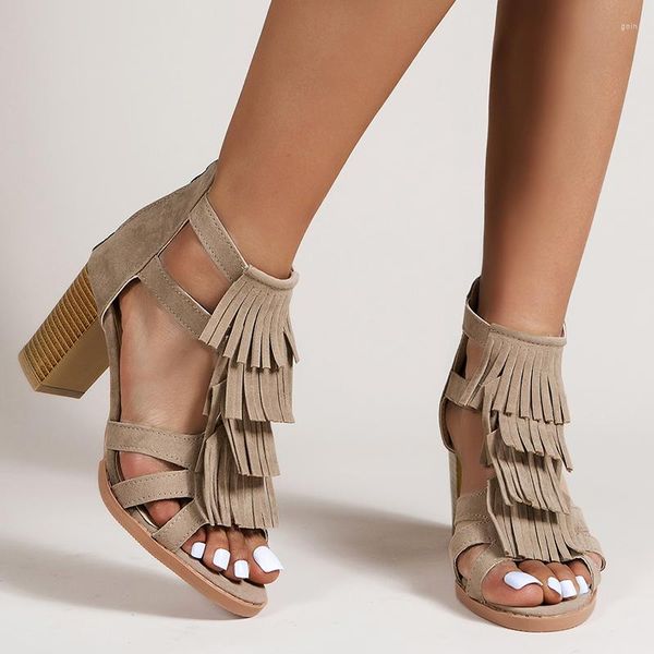 

sandals chunky high heels women fringe summer shoes designer party dress casual pumps zipper walking zapatos, Black