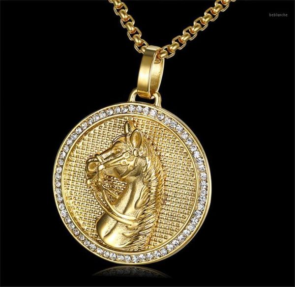 

jockey club pendant gold color stainless steel horse head men necklace iced out rhinestones hip hop jewelry11055768, Silver