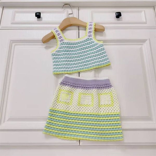 

kids girls crochet hallow out clothing sets fashion designer knit sleeveless +a line skirts outfits summer baby clothes, White