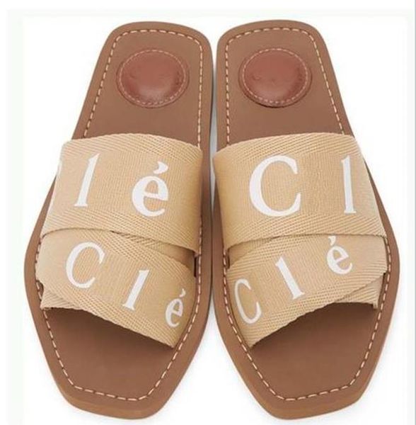 

2022 branded women woody mules flat slipper designer lady lettering fabric outdoor leather sole slide sandal size 35--42, Black