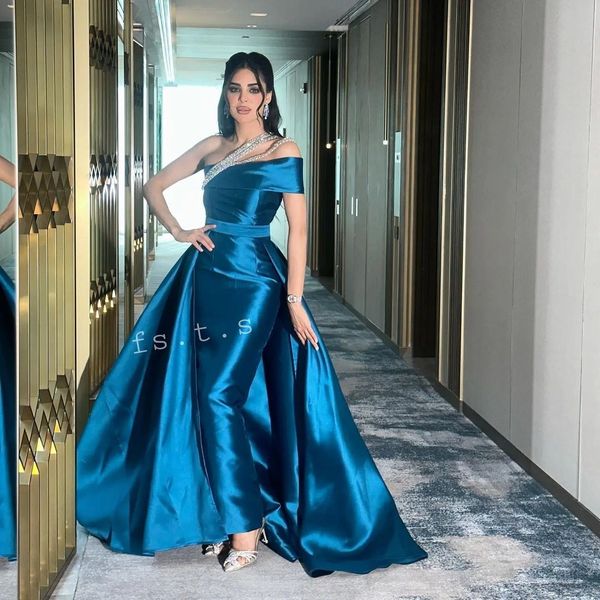 

mordern one shoulder beading evening dresses detachable train sheath arabic dubai formal gown women's vestidos de fiesta, Black;red