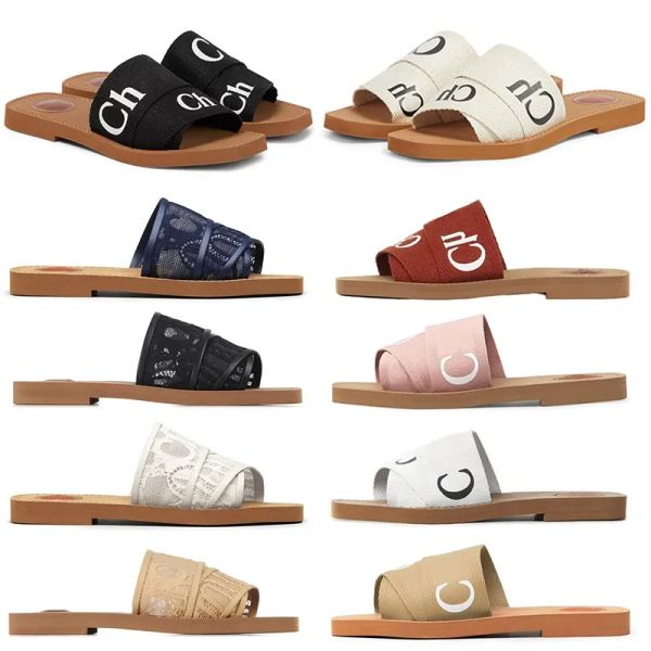 

designer woody sandals women beach sandal mules flat slides light tan beige white black pink lace lettering fabric canvas slippers womens su
