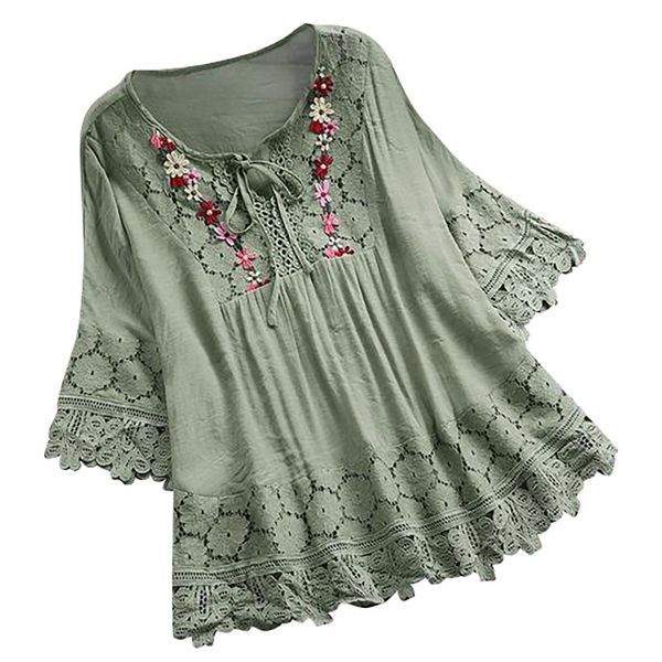 

women's plus size tshirt lace crochet blouse elegant embroidery hollow up shirts cotton linen blusas chemise 5xl 230625, Black
