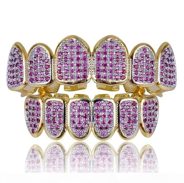 

new custom fit hip hop gold teeth grillz caps micro pave fuchsia cubic zirconia bottom grills set for christmas gift women5084306, Black