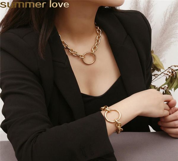 

chain choker oring necklace punk heavy link chain necklace and bracelet set biker heavy gole silver jewelry for men women7356929, Golden;silver