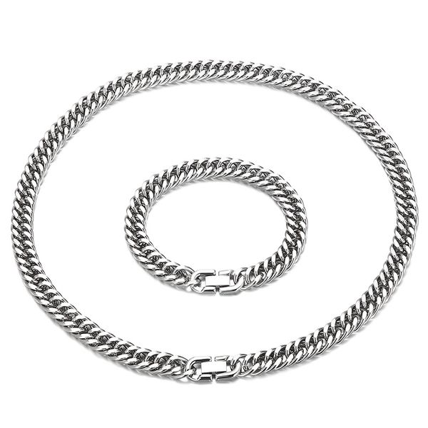 

mens jewelry set stainless steel double link chain necklace bracelet for friends 10mm 24inch + 8.26inch silver heavy for boyfriends gifts