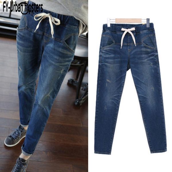 

jeans 2019 korean jeans women spliced high waist stretch denim pants slim pencil plus size loose lace up jeans women harem pant jeans, Blue