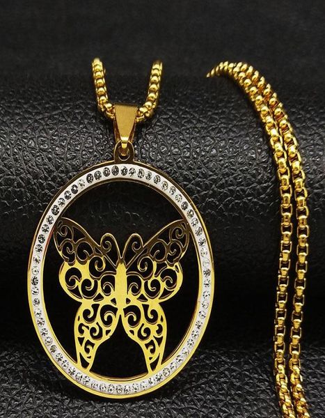 

butterfly crystal stainless steel chain necklace women gold color necklaces pendants jewellery cadenas mujer n137s05 chains7279687, Silver
