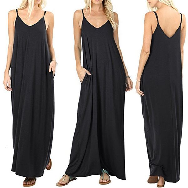 

basic casual dresses women maxi dress with pockets loose sling female summer sleeveless vneck vest long vestidos 230625, Black;gray