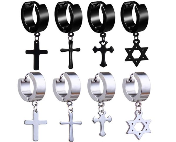 

stainless steel cross star dangle fake piercing earrings men hypoallergenic nonpiercing clip on hoop earrings for women punk jewe4042002, Silver