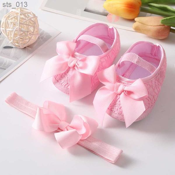 

baby girls shoes princess lace bow prewalkers bow headband+ cotton soft bottom first walker toddle infant kid shoes l230518