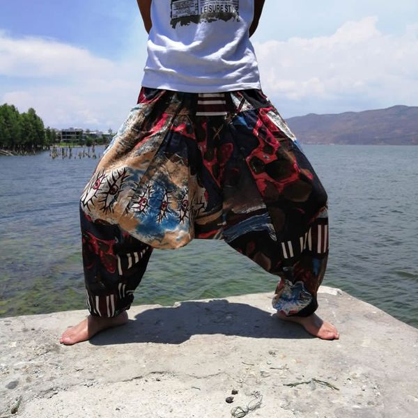 

men's short boho harem pants loose oversized cotton linen streetwear hip hop dance trousers ethnic print hippie 230625, White;black