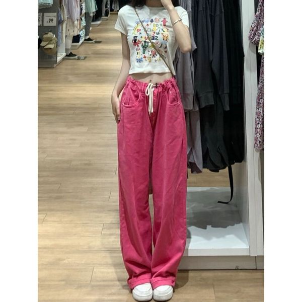 

men's shorts pink jeans woman vintage high waist wide leg pants kawaii y2k streetwear korean fashion casual denim trousers 90s aestheti, White;black
