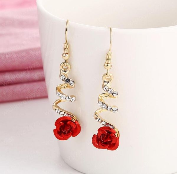 

vintage red rose flower earrings for women exquisite rhinestone crystal drop earrings statement wedding jewelry whole1899514, Silver