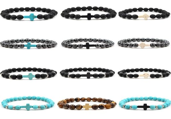 

bracelets beaded strands turquoise crorss couples women bracelet frosted lava stone tiger eye men bangles jewelry gift5329501, Black