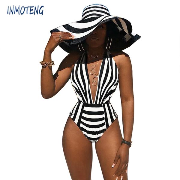

women's jumpsuits rompers inmoteng women summer striped deep vneck halter sleevelesss bodycon skinny bodysuit beach high waist outfits, Black;white