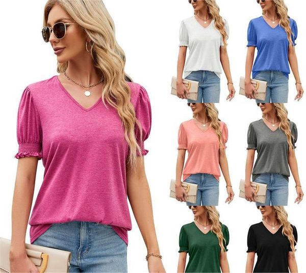 

womens bubble sleeve wrinkles short -sleeved v -neck womens t shirt, White