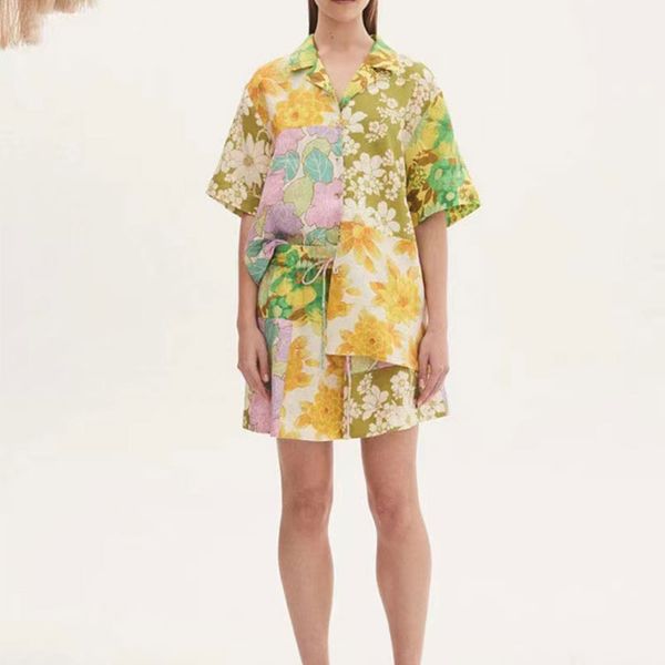 

two piece women designer clothing vacation style loose relaxed slim linen printed short sleeve shirt with high waist shorts set, White