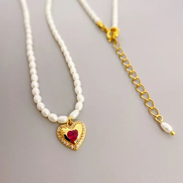 

heart charm pendant necklace little pearls chain seed beads necklaces, Silver