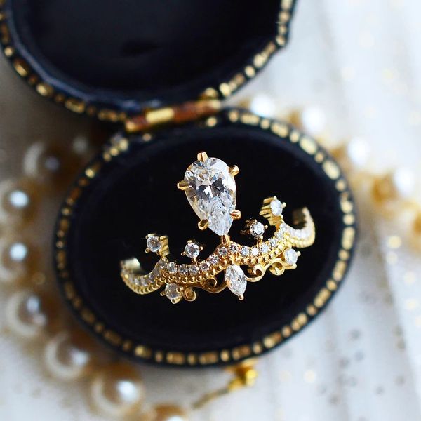 

vintage female crown promise ring real gold filled aaaaa cz engagement wedding band rings for women men fashion jewelry, Slivery;golden