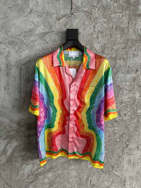 

2023 latest designer shirt fashion real silk material rainbow print design luxury loose casual man's shirts, White;black