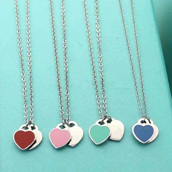 

designer's titanium steel enamel love necklace women's tiffay two heart blue red pink pendant collarbone chain, Silver