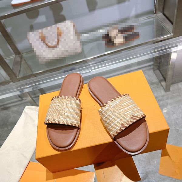 

designer womens woody sandals with box flat mule slides beige white black pink lace lettering fabric canvas 0623
