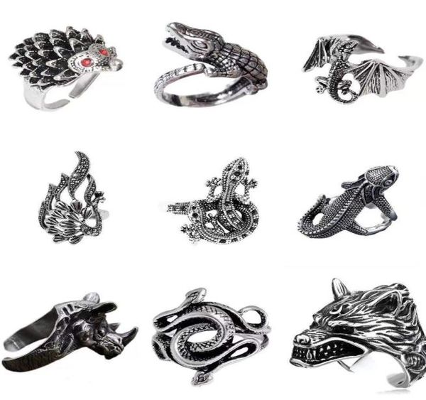 

12pcs band ring set for women girls animals fashion men jewelry vintage ancient silver punk gothic adjustable rings bulk9011236