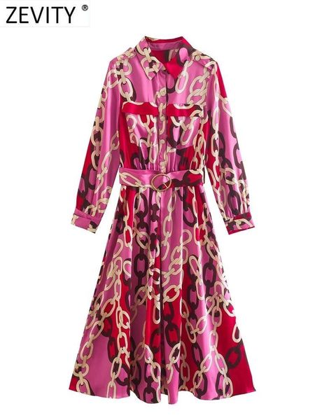 

dresses zevity women vintage color matching chain print buckle sashes midi shirt dress female chic pocket patch a line vestidos ds2161, Black;gray