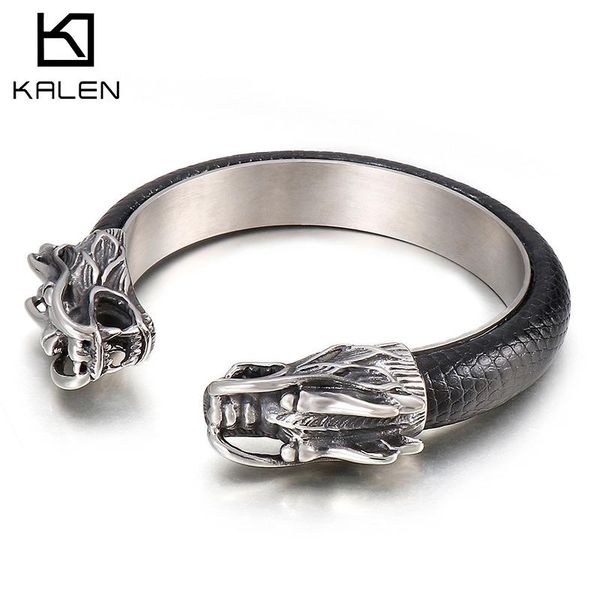 

bangle kalen vintage dragon leather stainless steel men's bracelet bangles gold shiny, Black