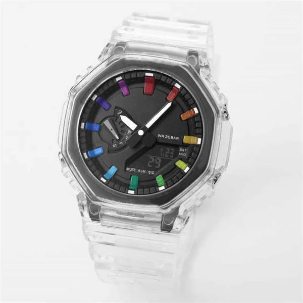 

sport digital men's quartz watch waterproof world time led automatic hand lamp iced out watch transparent 2100 oak watch series, Slivery;brown