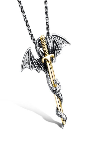 

punk dragon sword men pendant necklace cool gold color stainless steel men jewelry link chain charm accessory collar hombre gx938146326, Silver