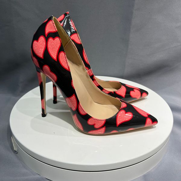

blue/red/green heart-shaped printed high heels women pumps party shoes nightclubs 12cm female girls shoes size 43 44 45, Black