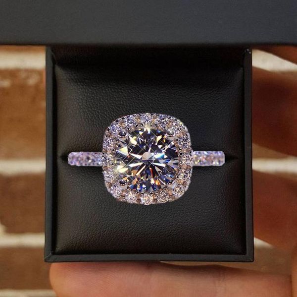 

moissanite diamonds ring in 14k white gold 1ct round cut diamond bridal promise jewelry simple design square wedding anniversary1591099, Golden;silver