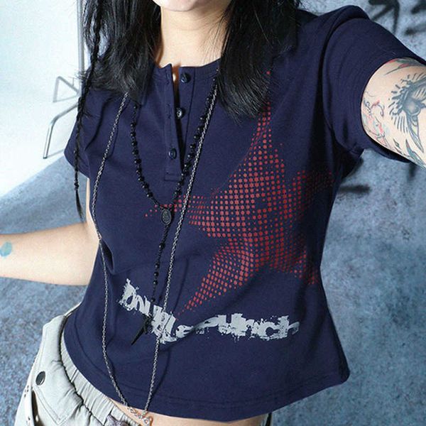 

y2k women's t-shirt star print punk gothic street pattern button open and close 1xnty, White
