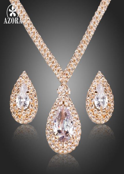 

whole gorgeous gold color clear cz water drop crystal pendant necklace and earrings women wedding jewelry sets tg01585179079, Silver