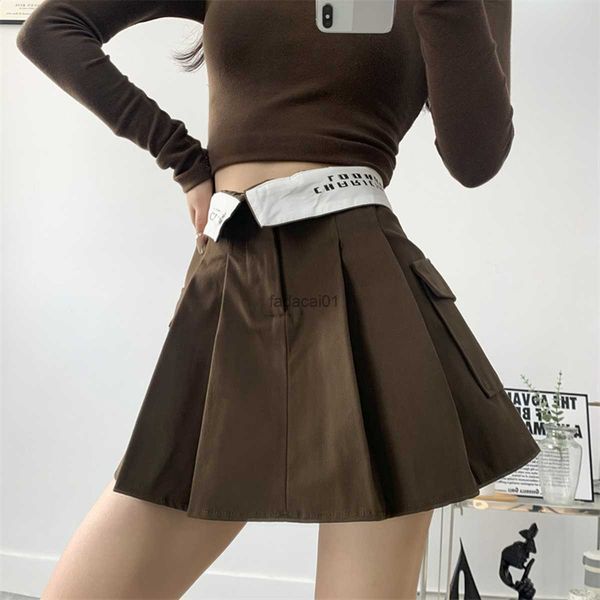 

sweet style turned waist design skirt antilight short skirt pants spring new pocket pleated skirt women l230621, Black