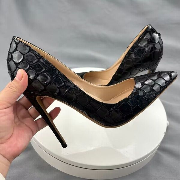 

fashion 2023 classic womens high heels snakeskin leather wedding party shoes women 8 /  / 12 cm plus size 43 44 45, Black