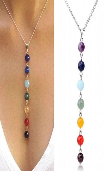 

7 chakra reiki beads healing gemstone charms pendant yoga balancing necklace lapisturquoiseamethyst crystaljade7747928, Silver