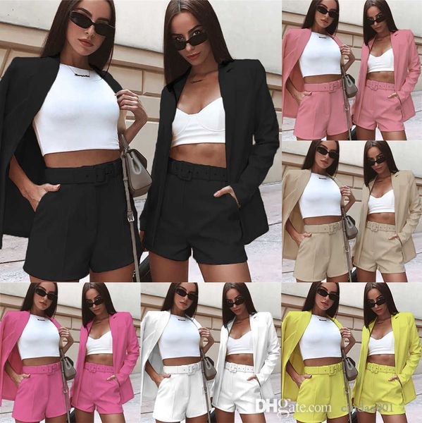 

new designer womens clothes fashion solid color suit and shorts set including belt, White